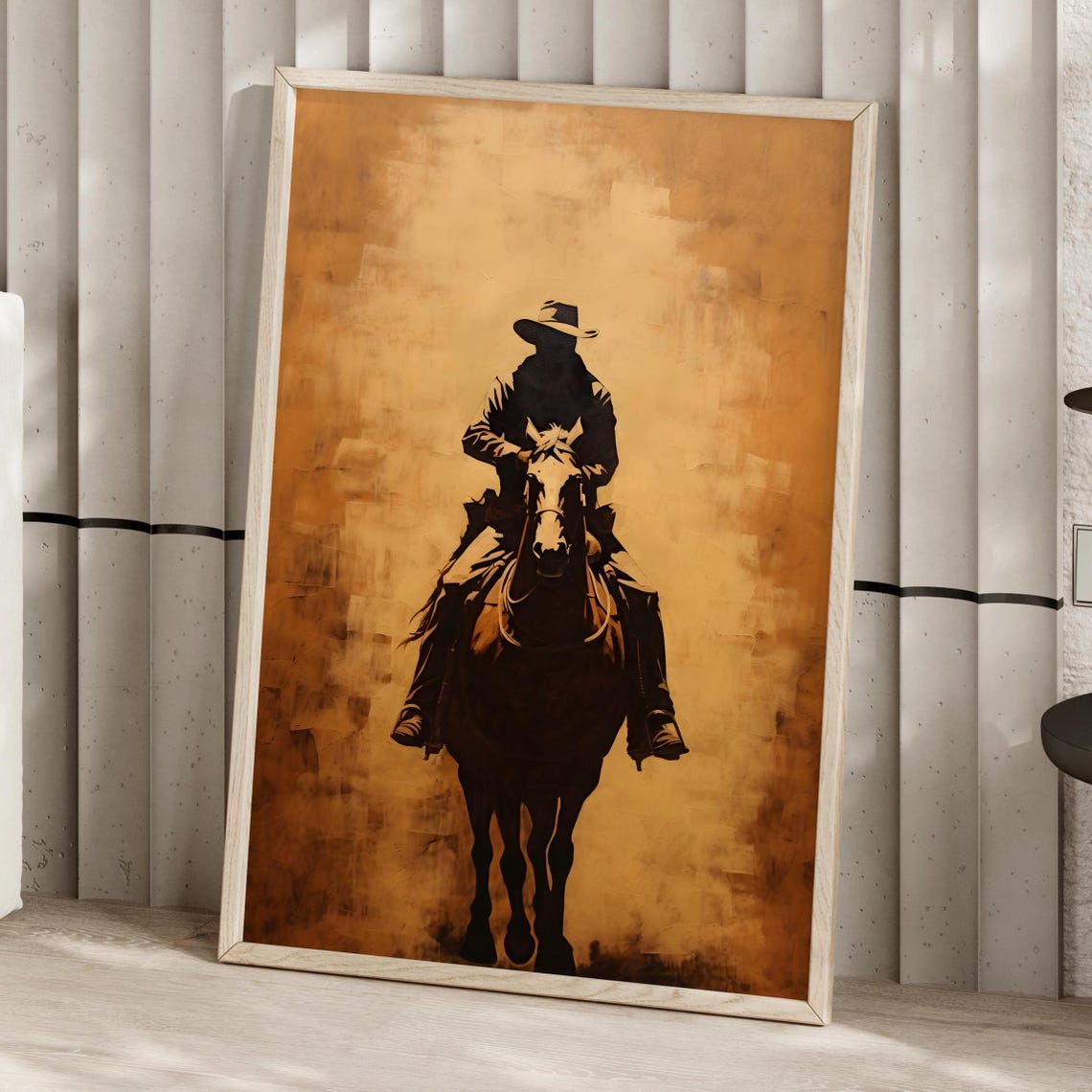 Cowboy On Horseback Sunset Desert Western Silhouette Art Poster