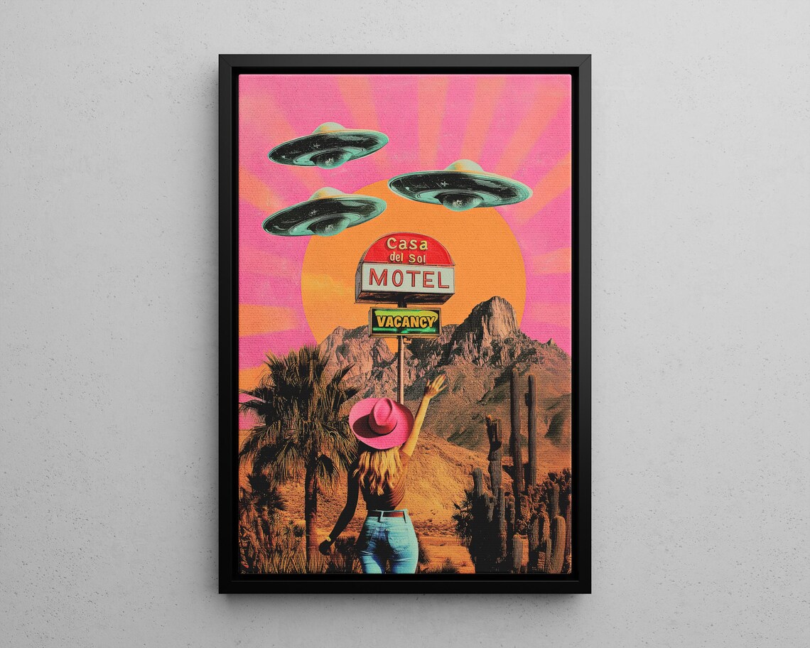 UFO Casa Del Sol Motel Cowgirl Retro Desert Sunset Collage Poster