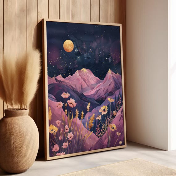 Pink Purple Mountains Under The Golden Moon Floral Wall Art Poster Or Canvas Print Mountainscape Enchanting Celestial