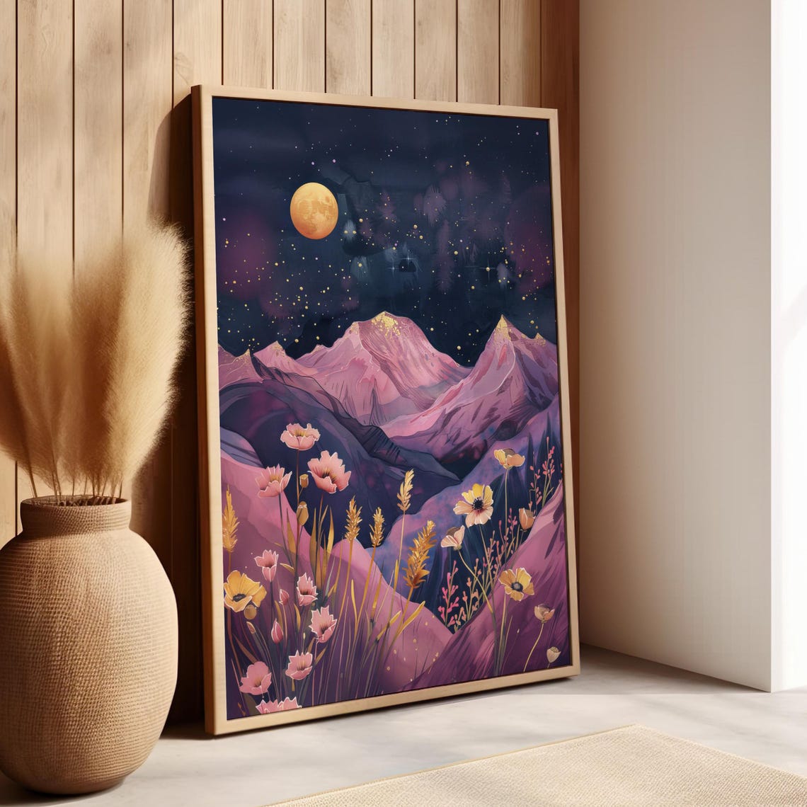 Purple Mountains Under Golden Moon Celestial Wildflower Poster