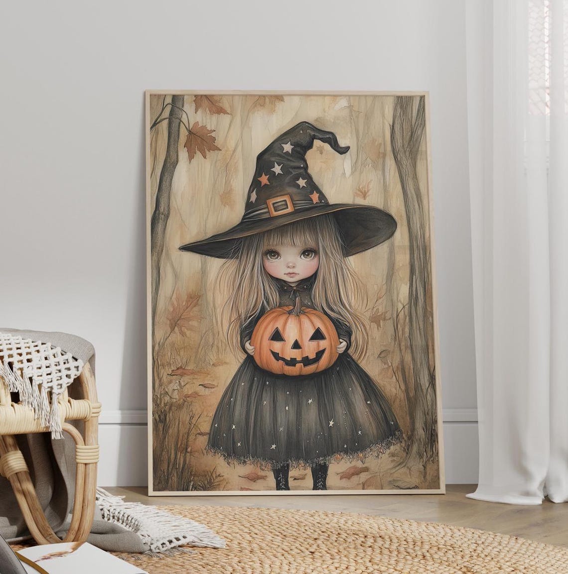 Cute Little Witch Holding a Pumpkin Whimsical Halloween Poster