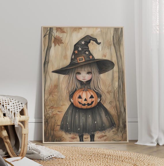 Cute Little Witch With Pumpkin Whimsical Wall Art Poster Or Canvas Print Halloween Girl Witchy Gift