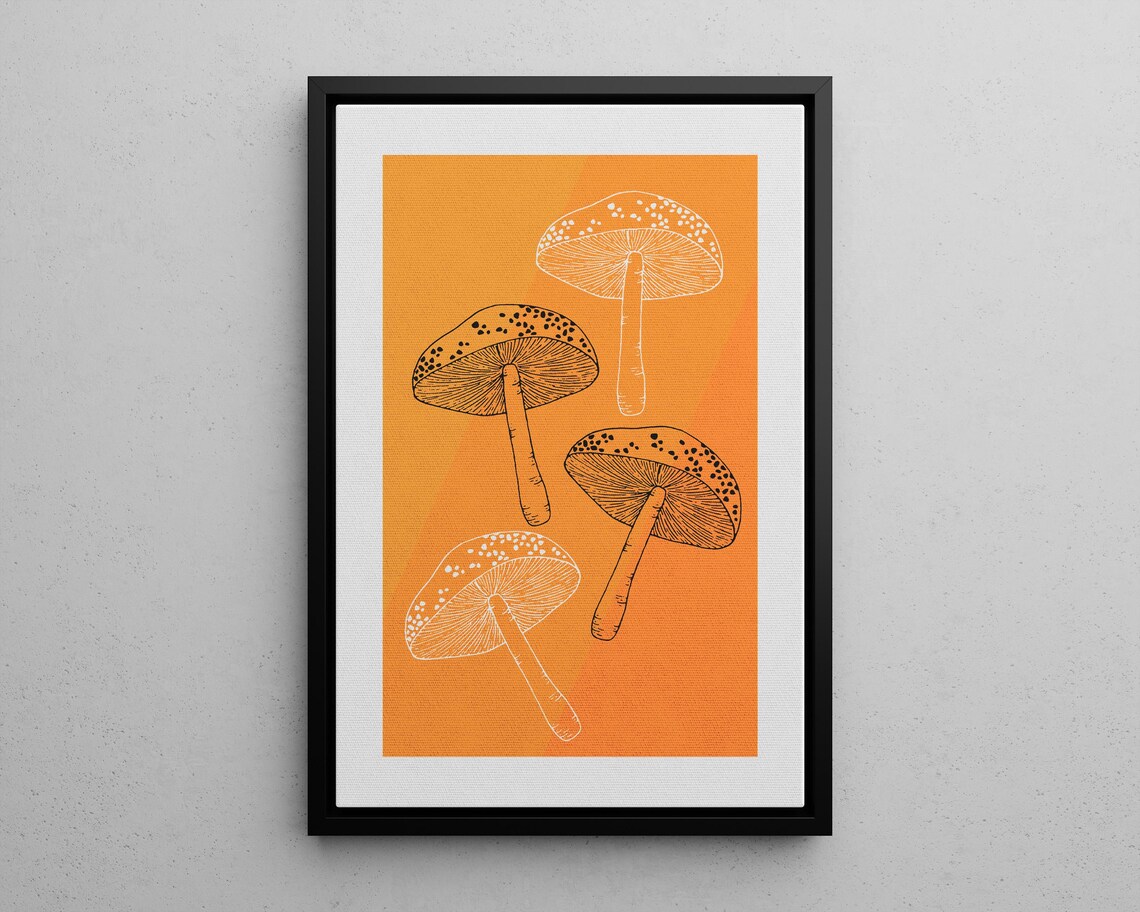 Orange Mushroom Line Art Warm Fungi Botanical Minimalist Poster