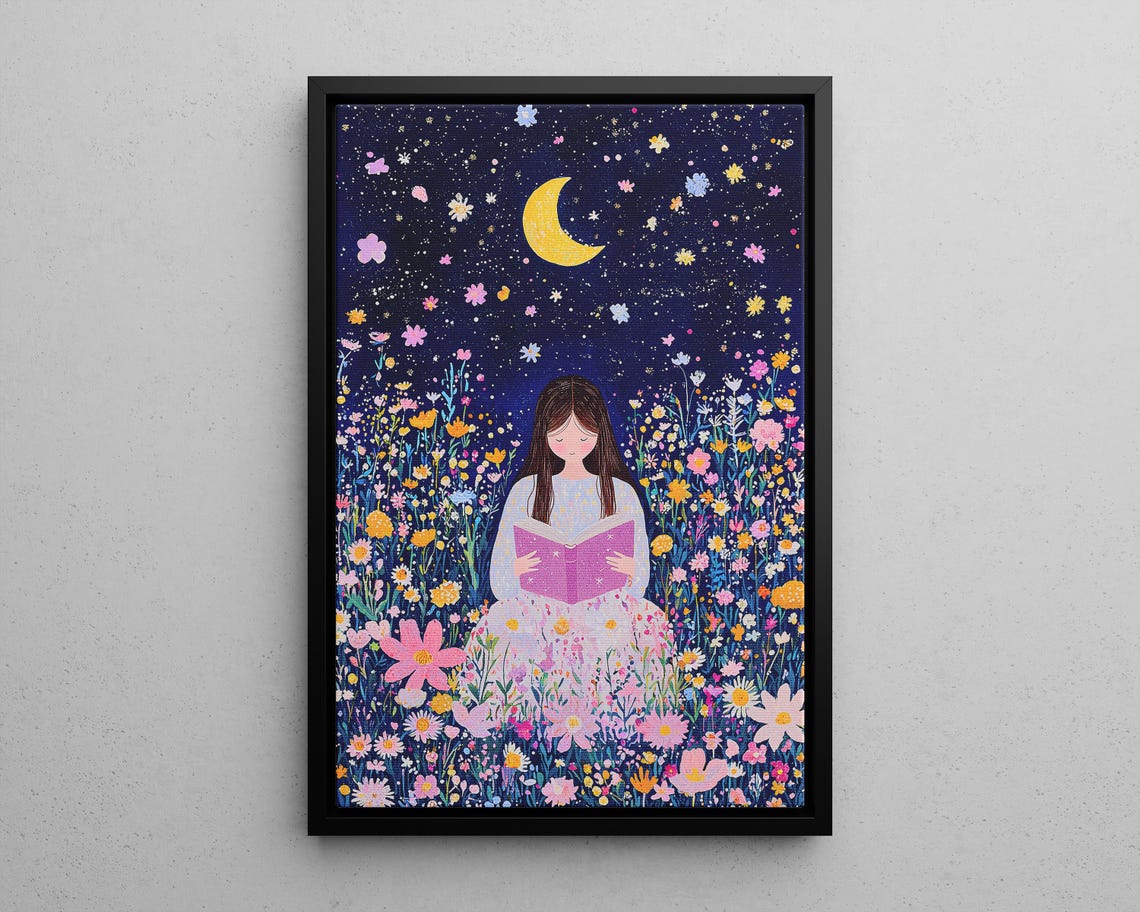 Girl Reading Book Flower Meadow Night Moon Whimsical Art Poster - Image 2