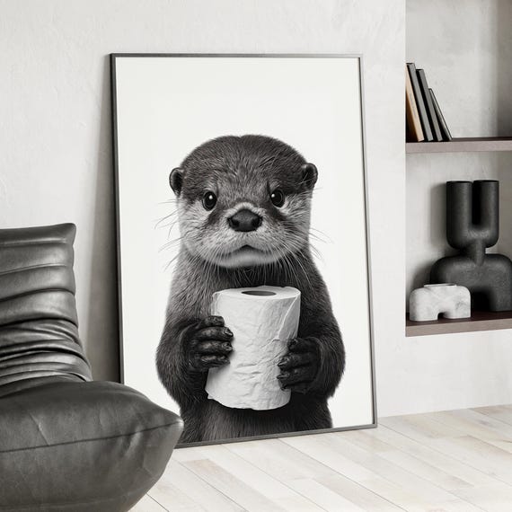 Funny Otter Roll Bathroom Art Poster Or Canvas Print Black And White Animal Quirky Wall Toilet Humor Kids Bath Decor