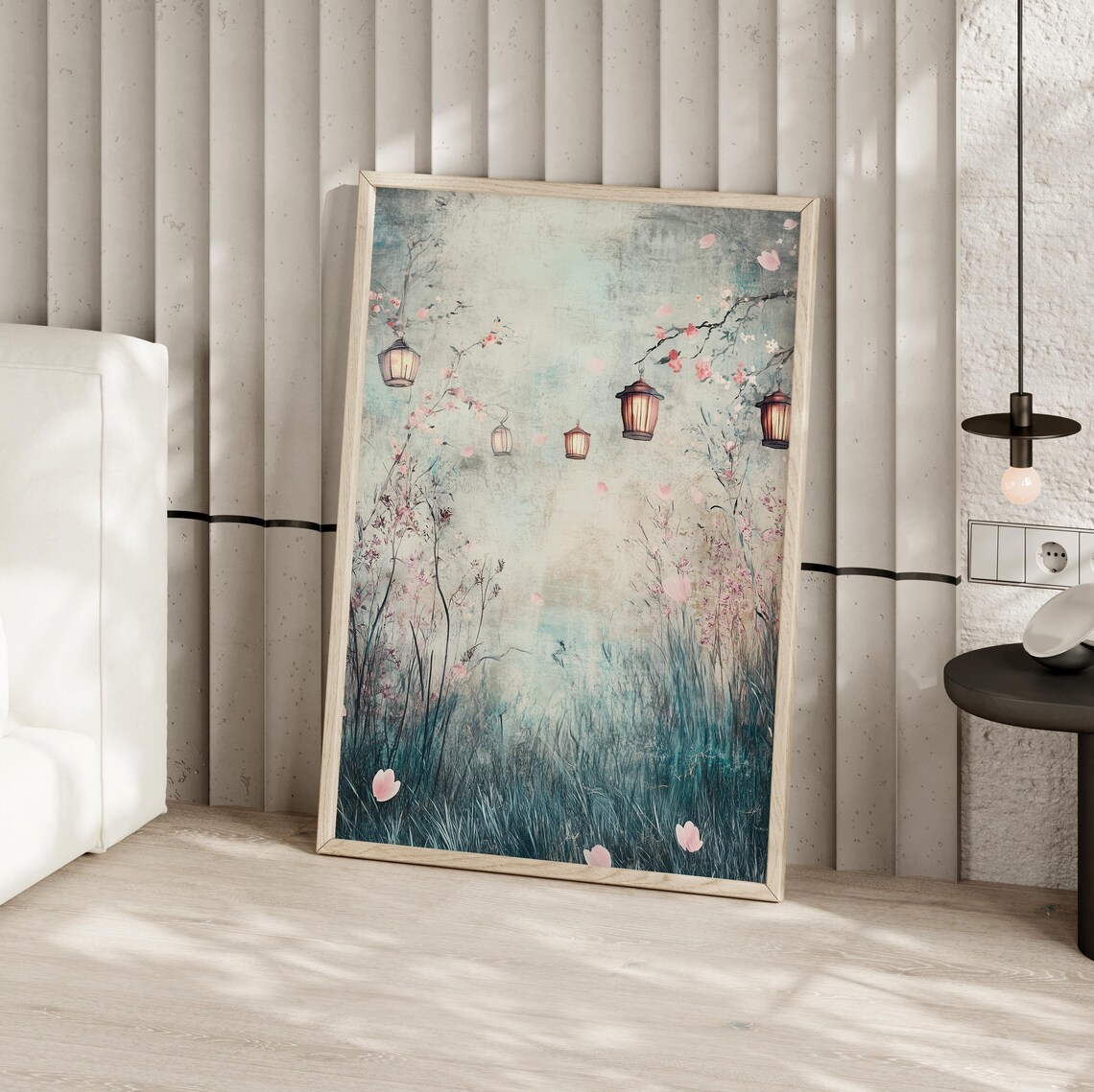 Japanese Paper Lanterns Cherry Blossom Whimsical Painting Poster - Image 3
