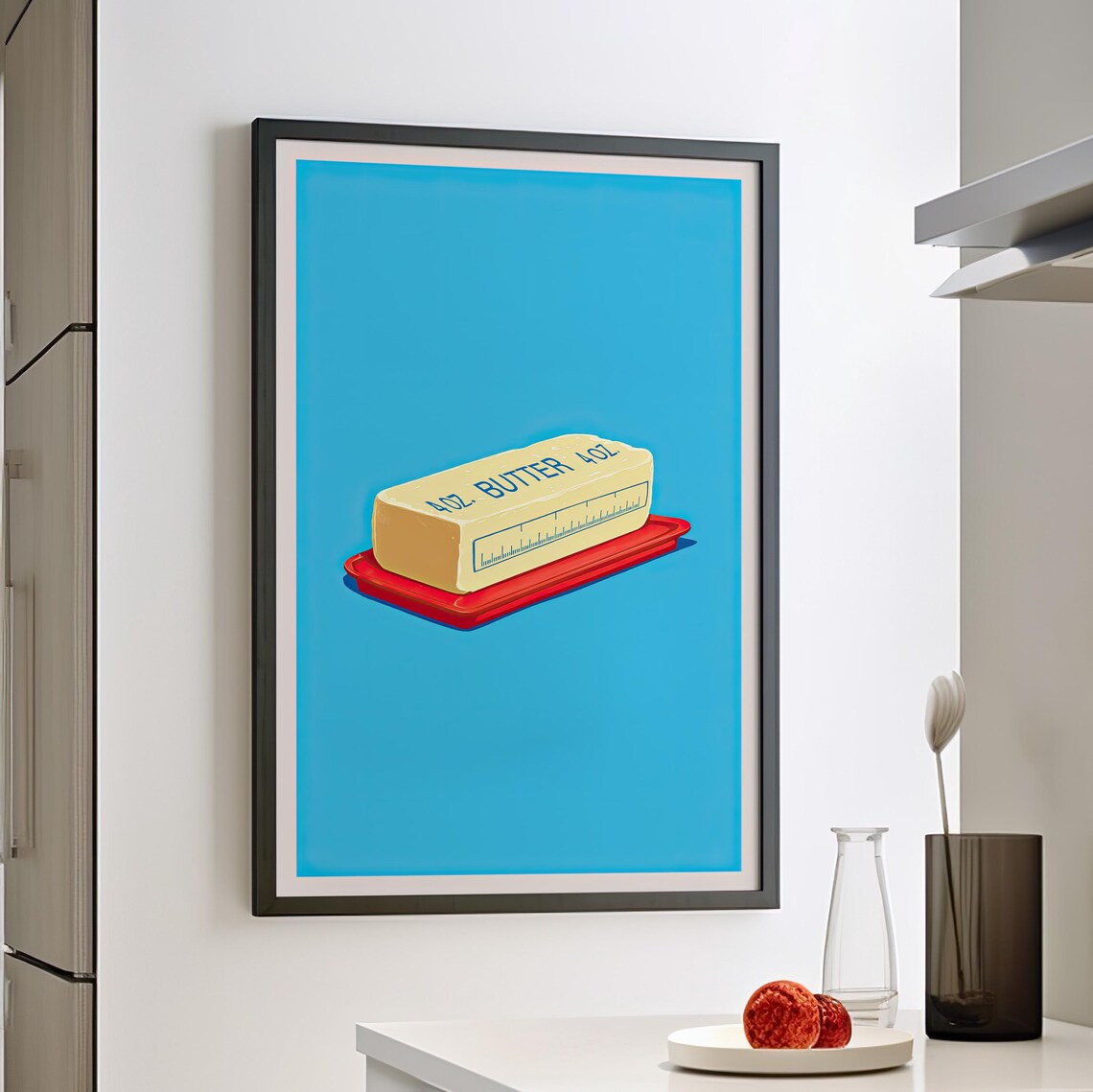 Stick Of Butter On Red Dish Against Bright Blue Pop Art Kitchen Poster