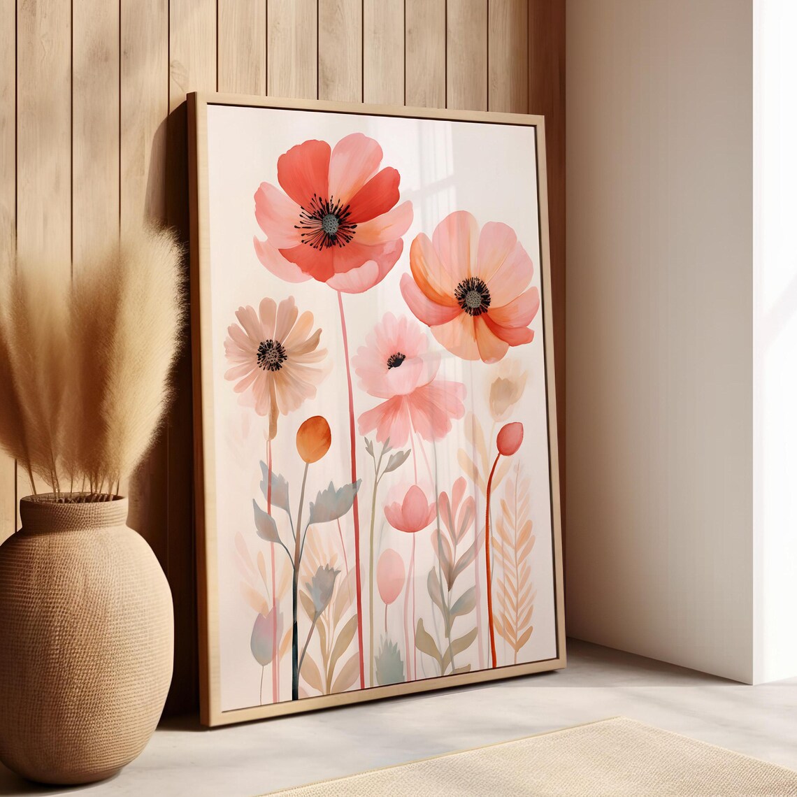 Pastel Pink Poppy Wildflowers Soft Boho Girls Room Floral Poster