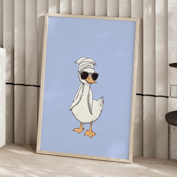 Duck Wearing Sunglasses And Towel Pastel Blue Wall Art Poster Or Canvas Print It Girl Boy Minimalist Cute Preppy Decor