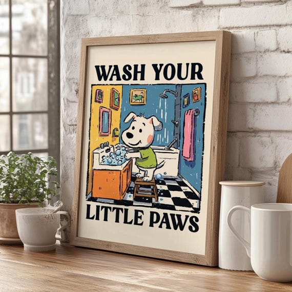 Wash Your Little Paws Cute Dog Wall Art Poster Or Canvas Print Colorful Bathroom Decor Funny Kitchen Hands