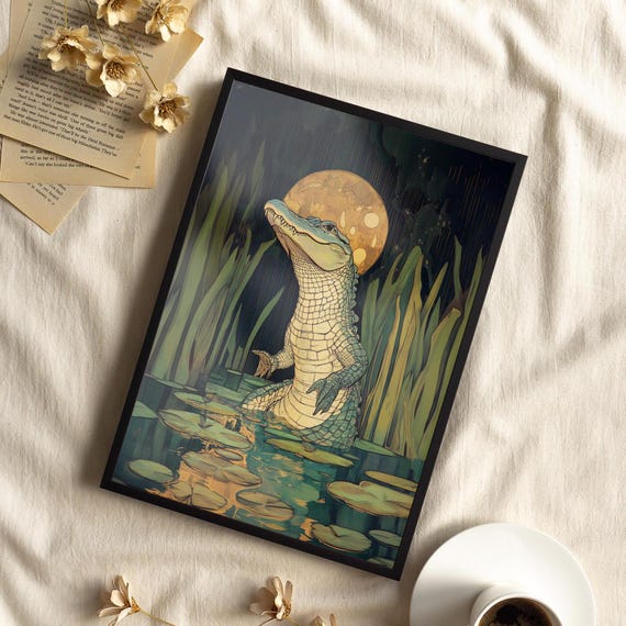Alligator In The Swamp And Golden Moon Behind Green Wall Art Poster Or Canvas Print Nouveau Vintage Nature Animal