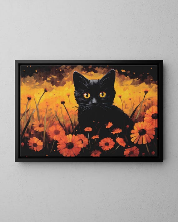 Cute And Lovely Black Cat In The Middle Of Marigold Field Wall Art Print Or Canvas Classy Trendy Botanical For Mom