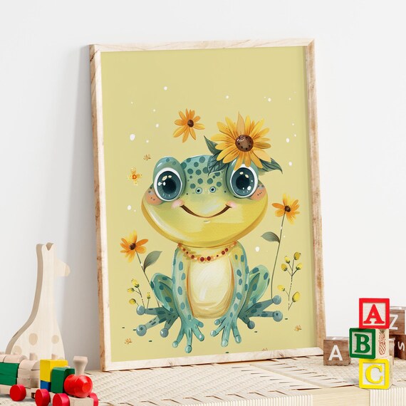 Frog Sunflower Watercolor Nursery Art Print Or Canvas Cute Decor Wall Animal Painting Gifts For Toddler