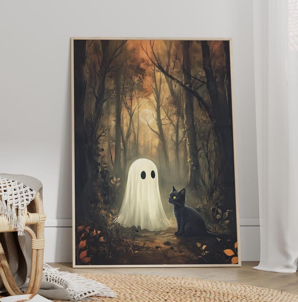 Ghost Black Cat Moonlit Forest Spooky Whimsical Halloween Poster