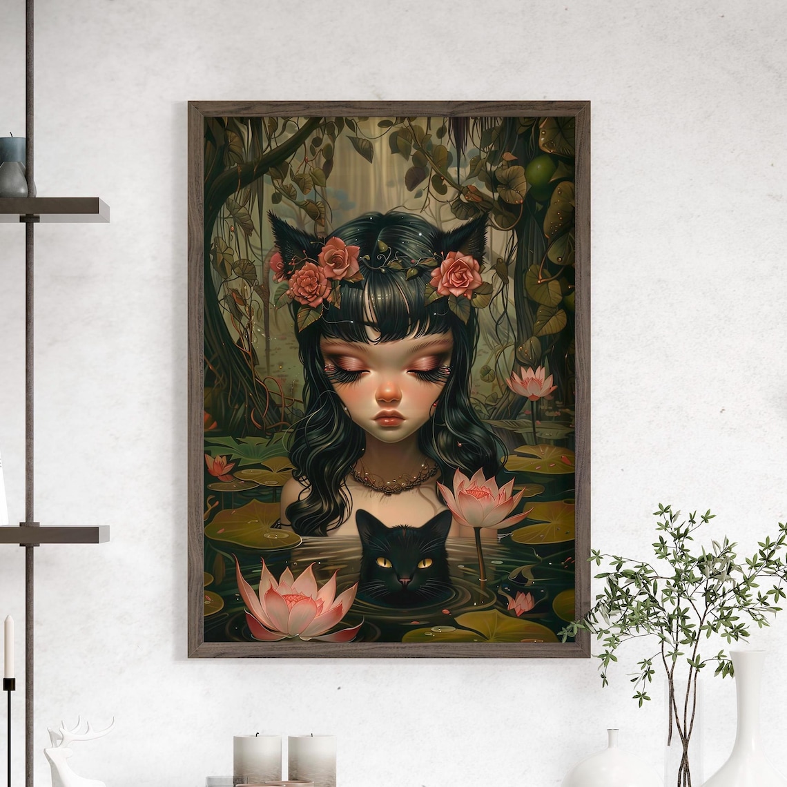 Cat Girl With Black Cat Lotus Pond Whimsigoth Fantasy Wall Art