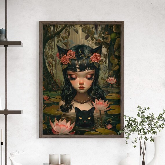 Cat Girl With Black Cat Lotus Pond Whimsigoth Fantasy Wall Art