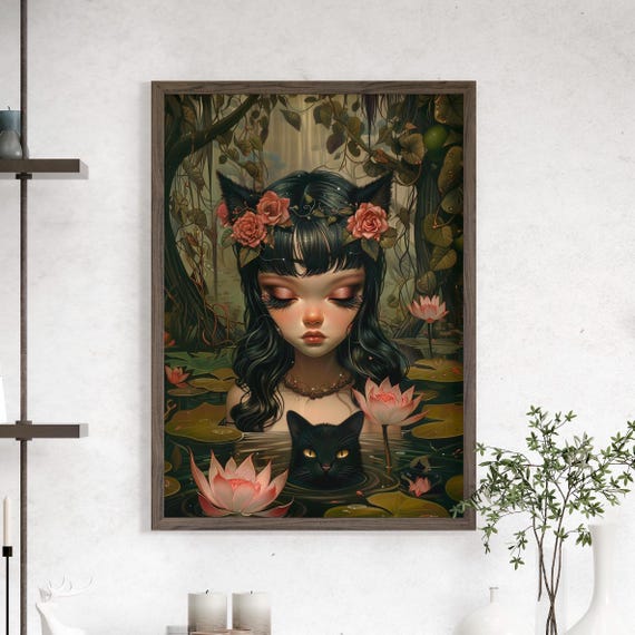 Enchanting Cat Girl And Black In Flower Water Botanical Art Poster Or Canvas Print Beautiful Whimsigoth Floral Wall