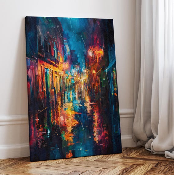Rainy City Night Impressionism Colorful Abstract Painting Poster Or Canvas Print Urban Street Vibrant Streetscape Artwork