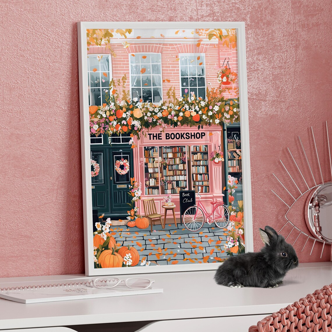 Cozy Pink Bookshop Autumn Storefront Book Lover Floral Poster