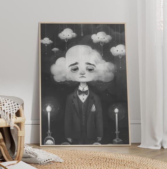 Sad Face Cloud Gothic Wall Art Poster Or Canvas Print Moody Victorian Dark Academia Whimsigoth Clouds Black And White