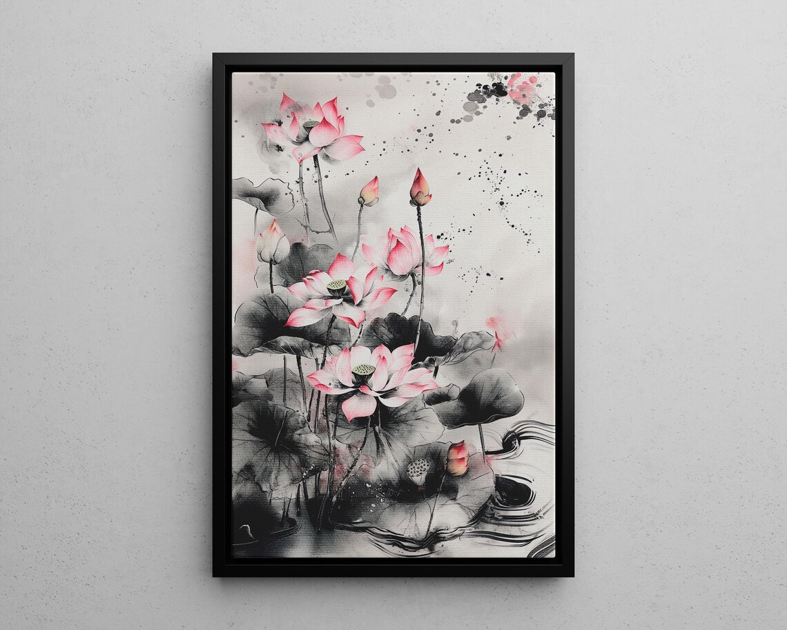Pink Lotus Flowers Chinese Ink Painting Zen Floral Art Poster