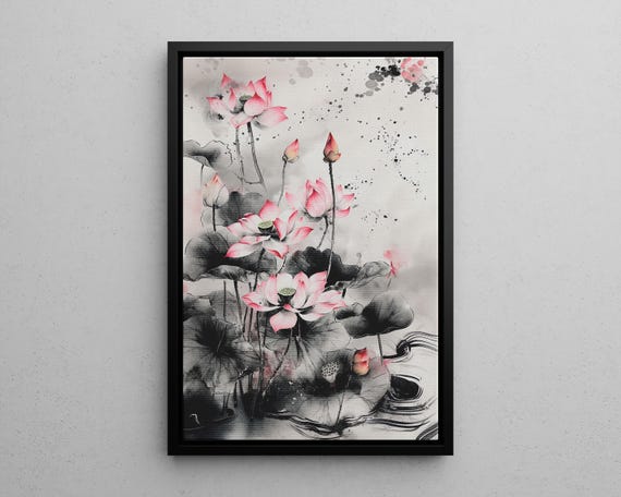 Chinese Red Flowers Ink Painting Poster Or Canvas Abstract Botanical Art Print Flower Wall Zen Nature Minimalist Decor