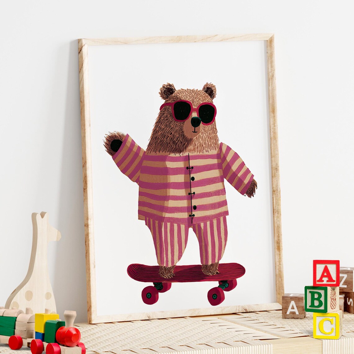 Skateboarding Bear In Sunglasses Funny Animal Nursery Art Poster