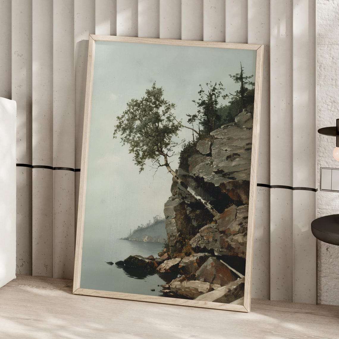 Vintage Tree Near A Cliff Lake Below Rustic Landscape Painting Art Print Or Canvas Wall Retro Moody Nature Poster