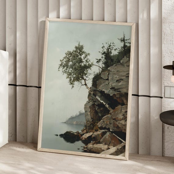 Vintage Tree Near A Cliff Lake Below Rustic Landscape Painting Art Print Or Canvas Wall Retro Moody Nature Poster