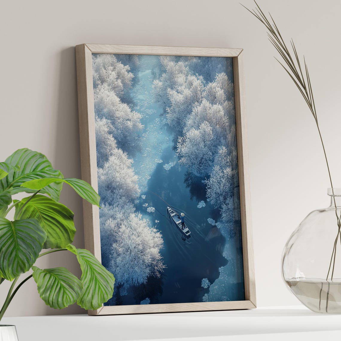 Fisherman In Small Boat Winter River Aerial Snowy View Wall Art