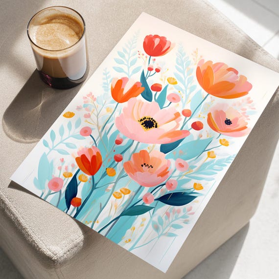 Retro Style Minimalist Botanical Art Print Or Canvas Colorful Blossoming Flowers Boho Design Lively Colored Modern Theme Poster