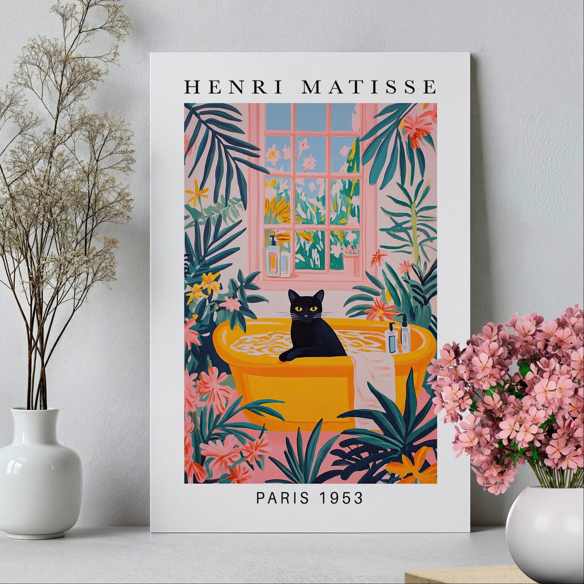 Black Cat In Bathtub Matisse Style Botanical Bathroom Poster