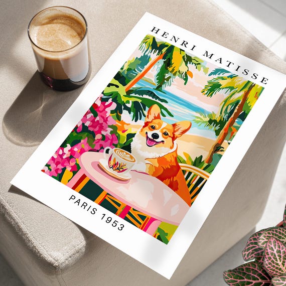 Corgi Dog Drinking Coffee Wall Art Poster Or Canvas Print Preppy Tropical Botanical Funny Henri Matisse Kitchen Decor