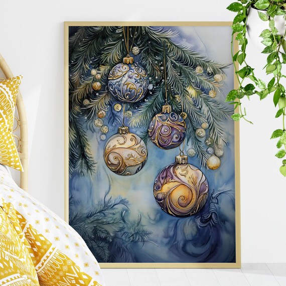 Blue and Gold Christmas Ornaments on Evergreen Watercolor Wall Art