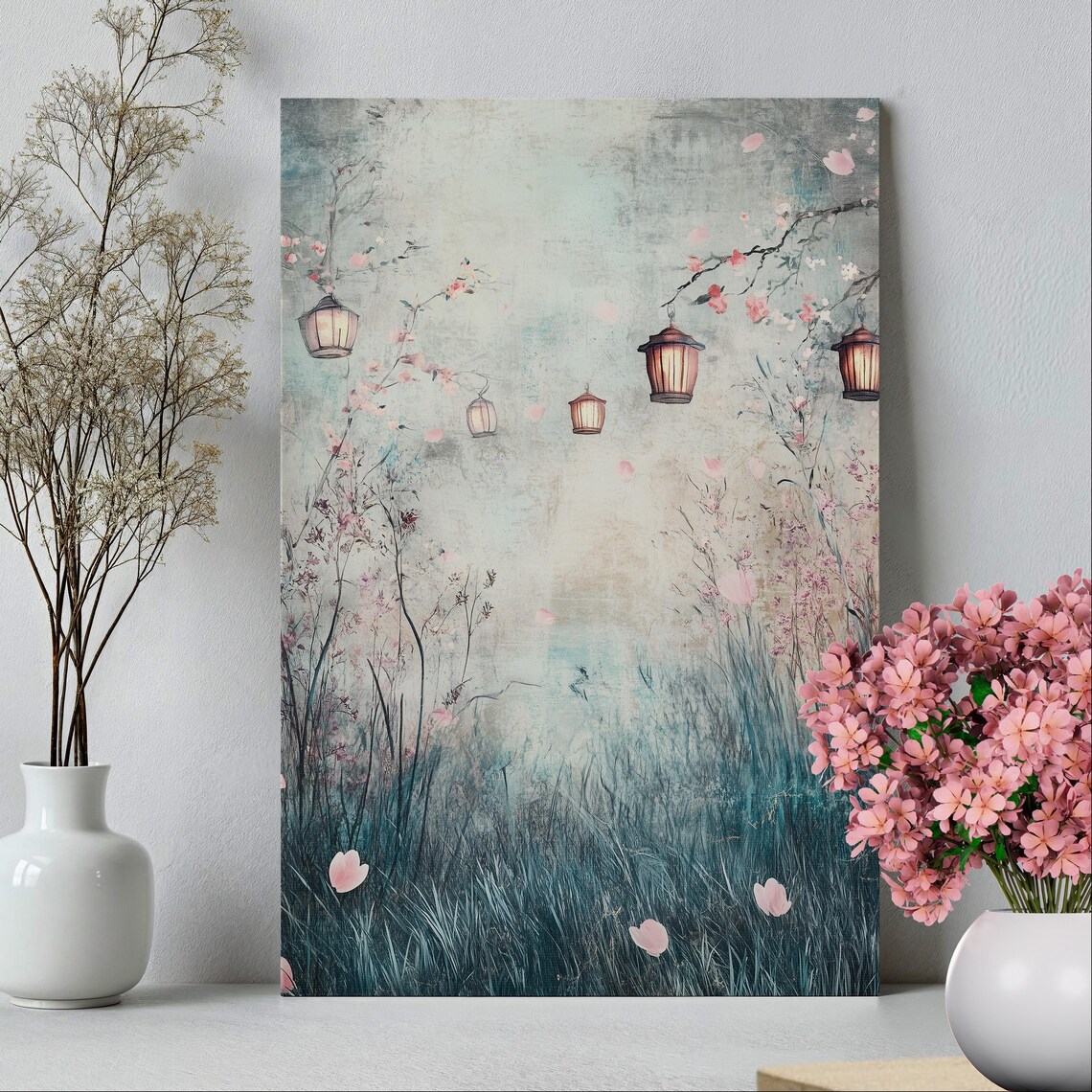 Japanese Paper Lanterns Cherry Blossom Whimsical Painting Poster - Image 2
