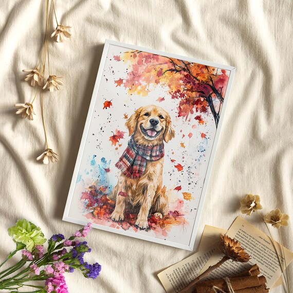 Happy Golden Retriever Autumn Watercolor With Plaid Scarf Poster