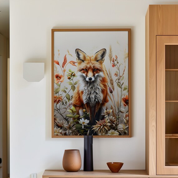 Beautiful Fox Wildflowers Botanical Poster Floral Animal Print Art And Flowers Wildlife Wall Decor Or Canvas