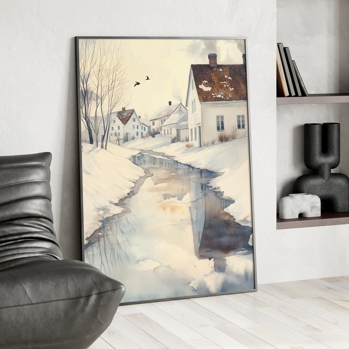 Snowy Village Stream Winter Watercolor Whitewashed Houses Art Print - Image 3