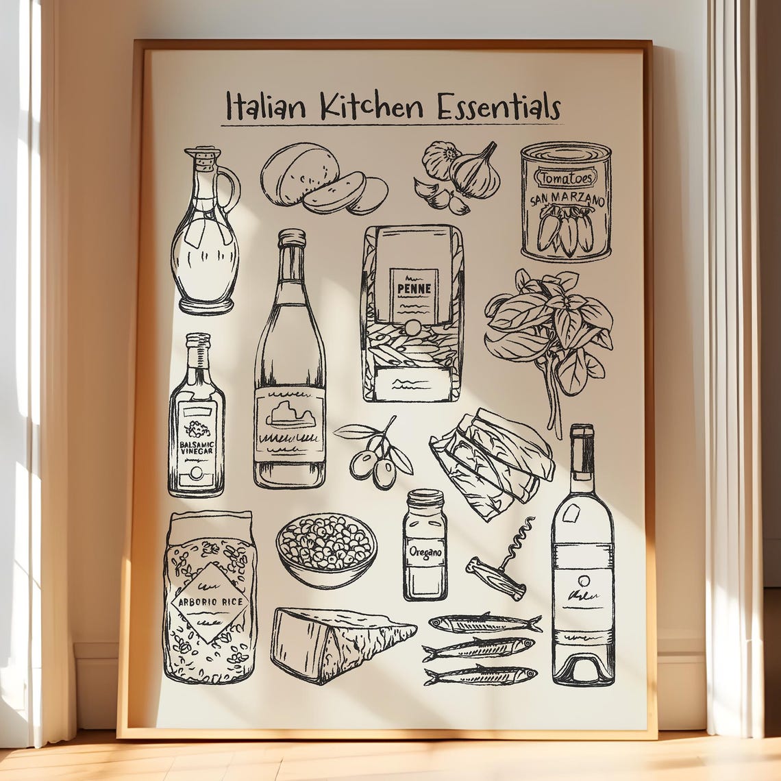 Italian Kitchen Essentials Ink Sketch Food Illustration Art Poster