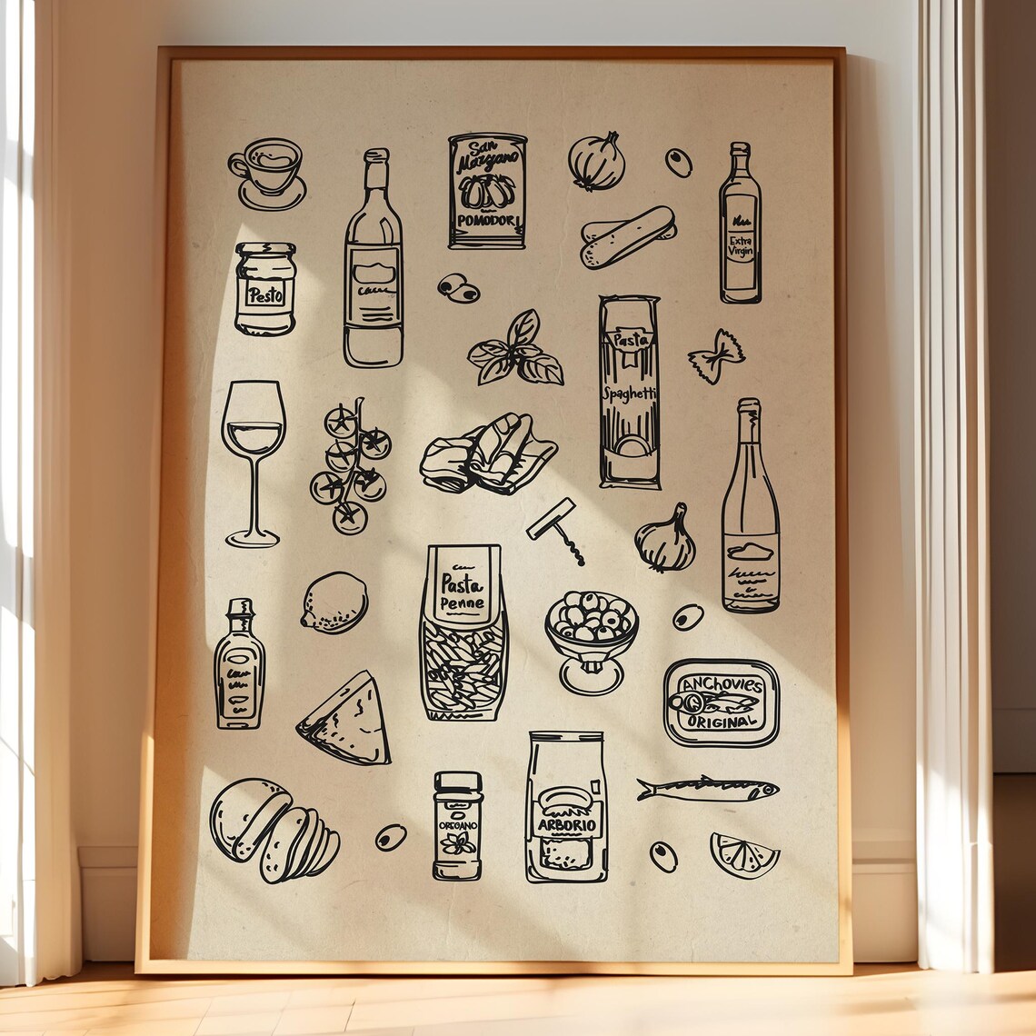 Italian Kitchen Ingredients Sketch Pantry Foodie Wall Decor Poster