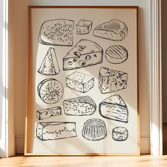 Cheese Varieties Illustrated Chart Line Art Kitchen Wall Poster