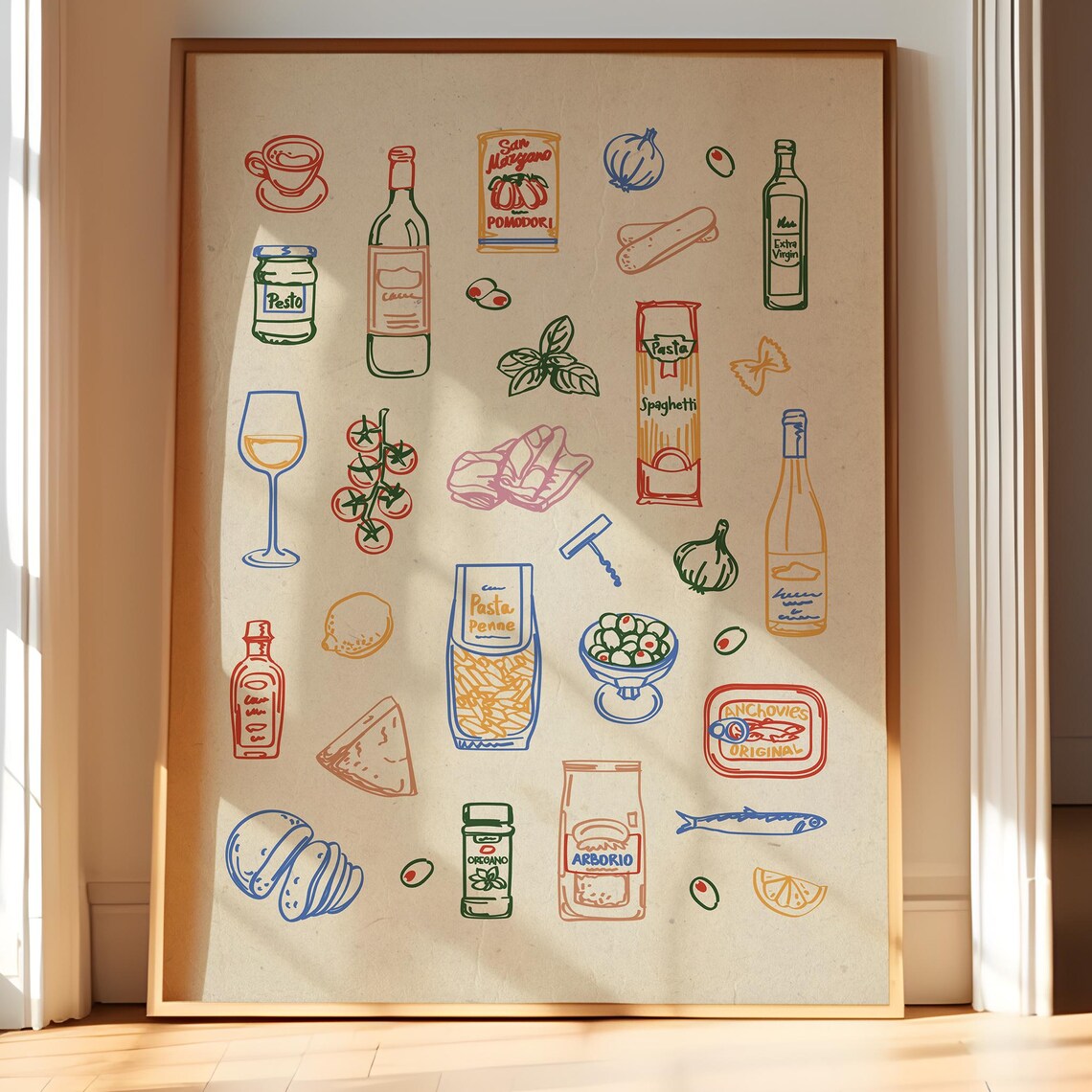 Whimsical Italian Ingredients Art Print, Pantry Poster