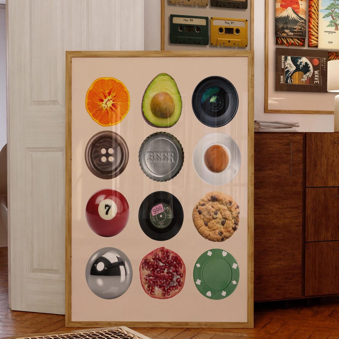 Circular Objects Collage Orange Avocado Vinyl Cookie Trendy Art Poster