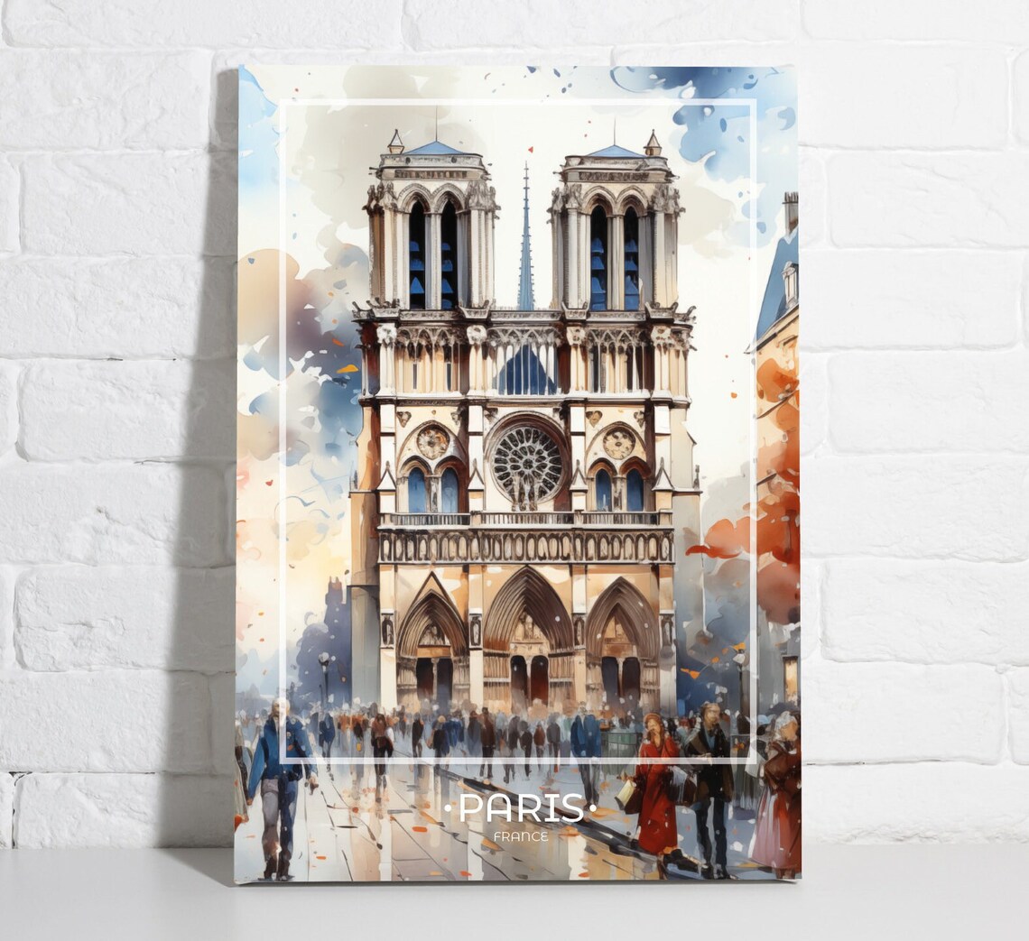 Notre Dame Cathedral Crowd Scene Watercolor Paris France Poster