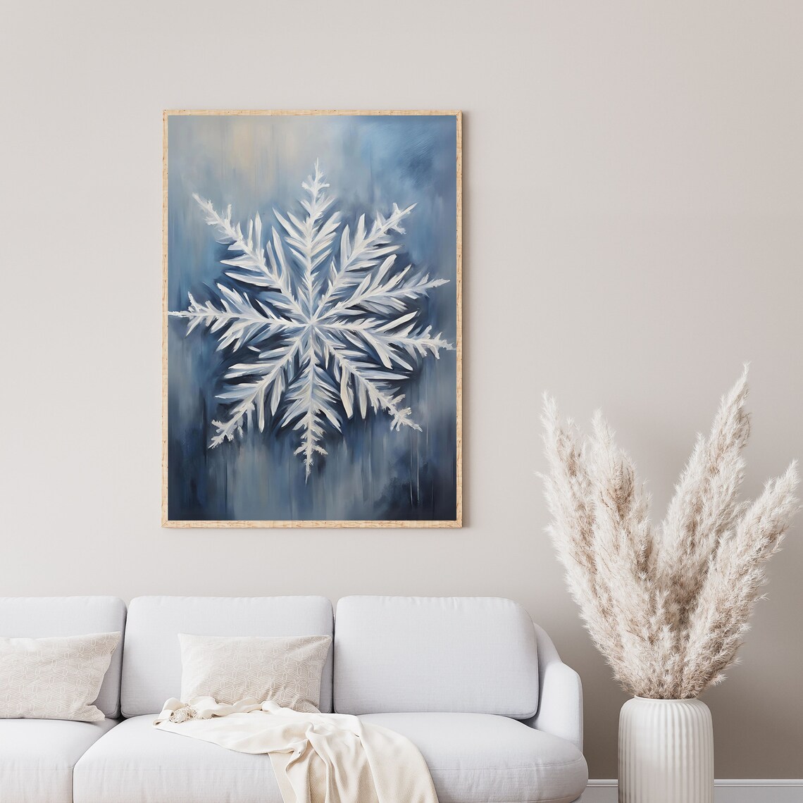 Blue Snowflake Oil Painting Winter Wonderland Elegant Wall Art - Image 2