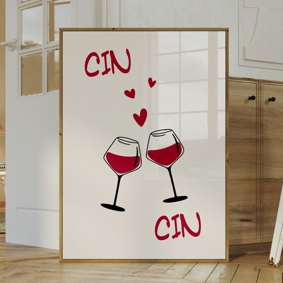 Funny Cin Cin Cheers Retro Wine Glasses Heart Toast Wall Poster