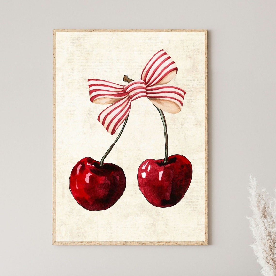 Cute Red Cherries Striped Bow Watercolor Coquette Kitchen Poster - Image 2