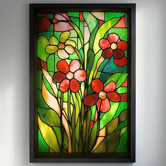 Red Yellow Flower Stained Glass Poster Vibrant Botanical Floral Artwork