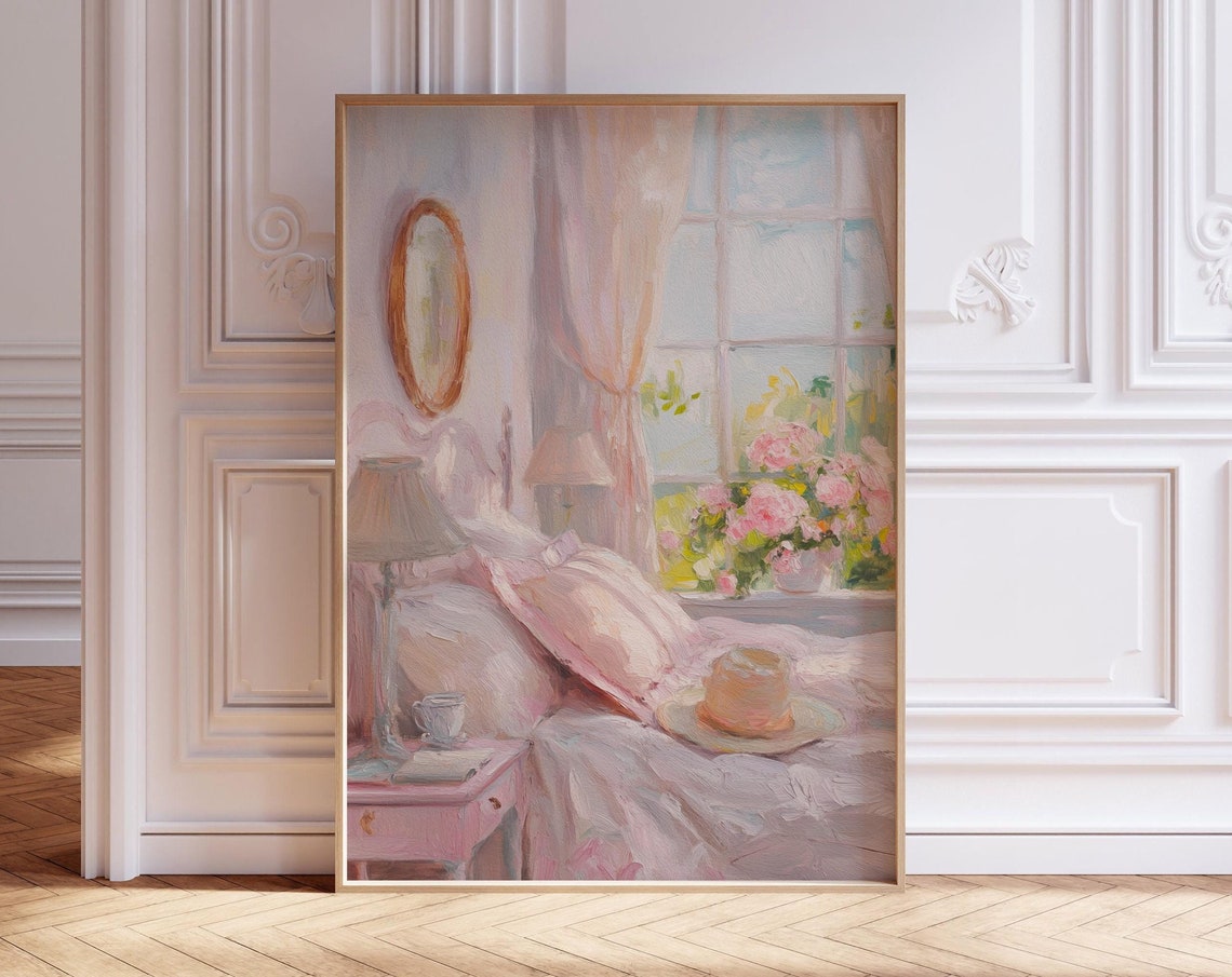 Dreamy Pink Bedroom Interior with Flowers and Morning Light Poster