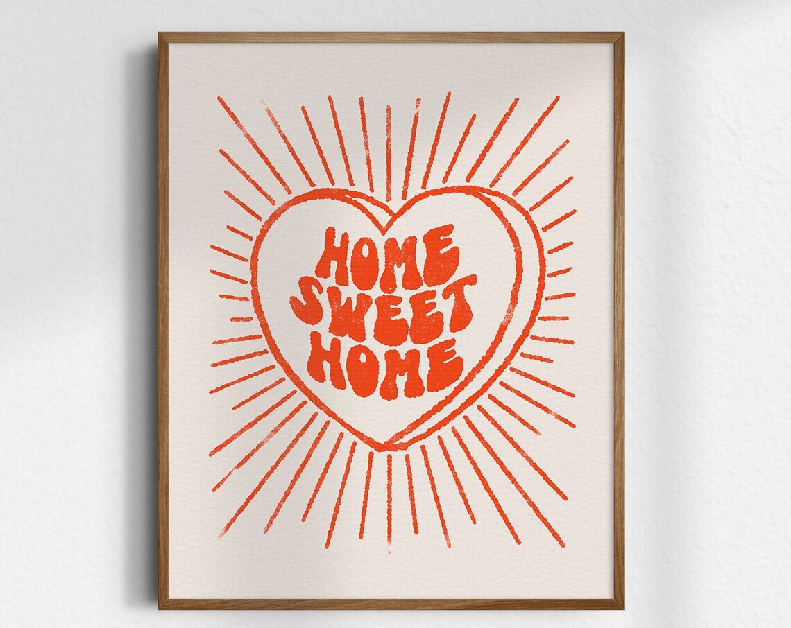 Home Sweet Home Retro Heart Sunburst Orange Vintage Quote Print